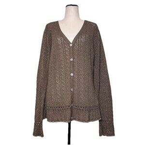 CP Shades Pointelle Knit Cardigan Brown Lurex Metallic Threading Cotton Women M